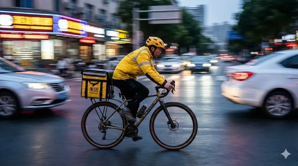 踩着自行车送外卖